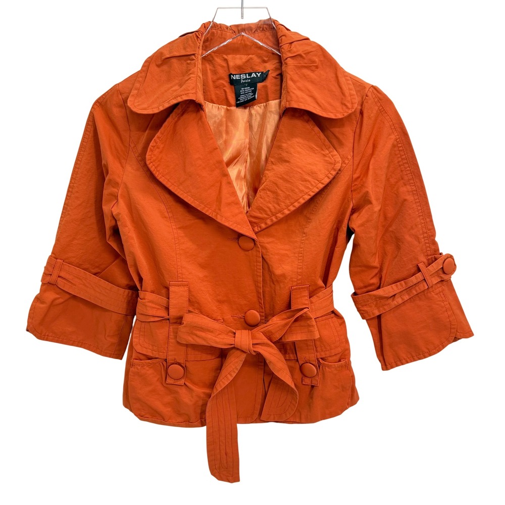 Y2K Neslay Paris Belted 3/4 Sleeve Lightweight Jacket Size S Orange Chic Button